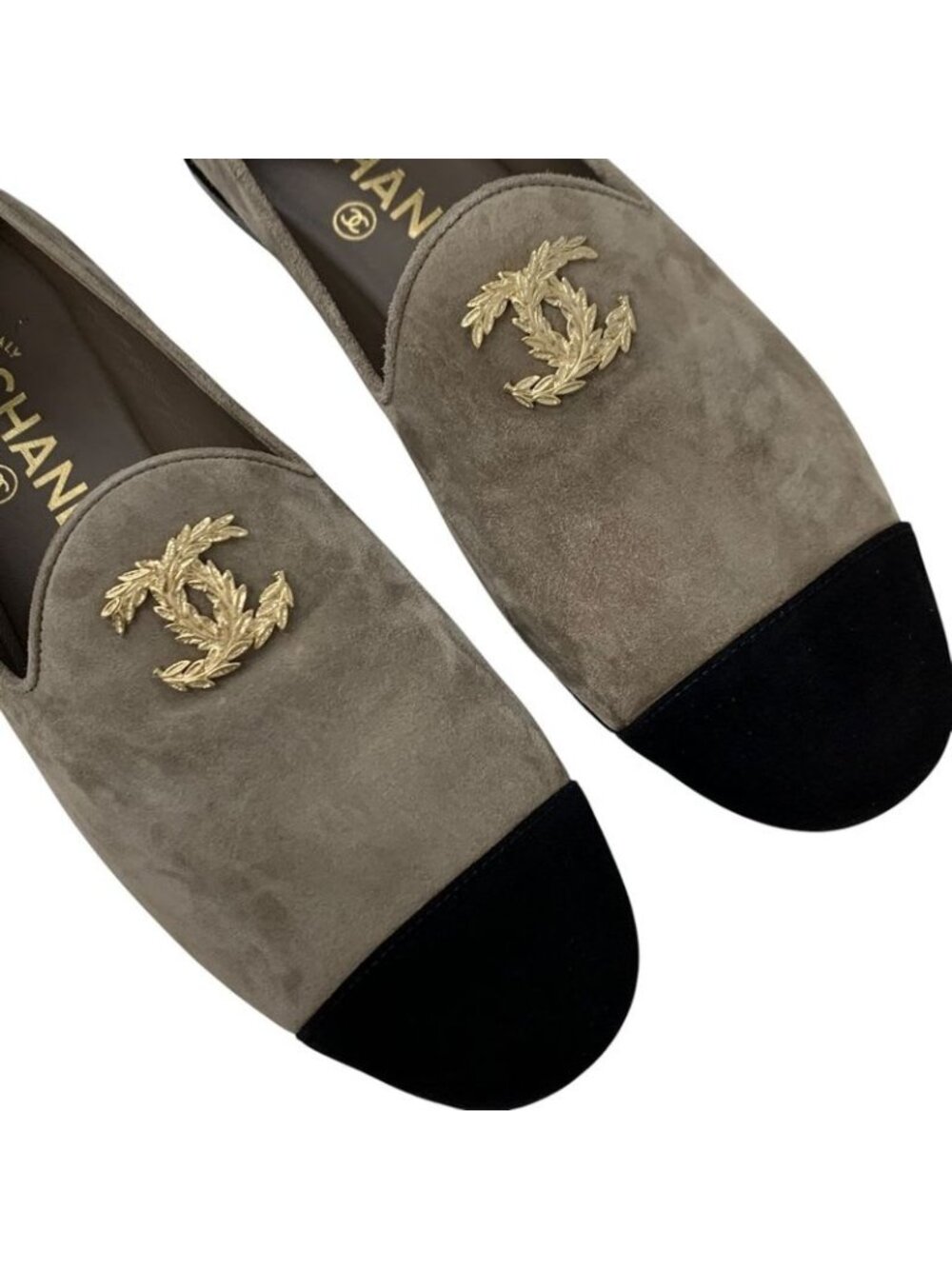 Chanel Flat Shoes Suede Gray Black Gold Coco Mark Loafers - Picture 9 of 10